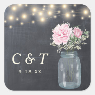 Rustikales Chalkboard Peony Floral Mason Jar   Quadratischer Aufkleber