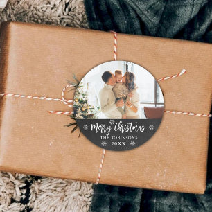 Rustikales Chalkboard Schneeflocken Foto Frohe Wei Runder Aufkleber