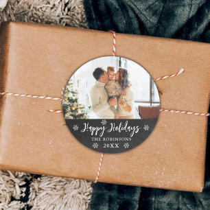 Rustikales Chalkboard Schneeflocken Foto Happy Hol Runder Aufkleber