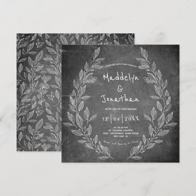 Rustikales Chalkboard Schwarz-weiß Floral Weddin Einladung (Vorne/Hinten)