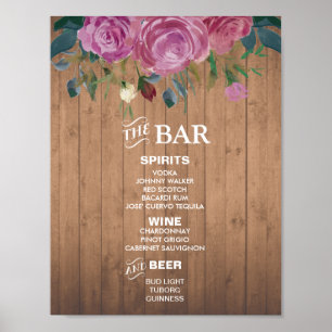 Rustikales Chic Bar Menu-Zeichen   Hochzeitsfeier  Poster