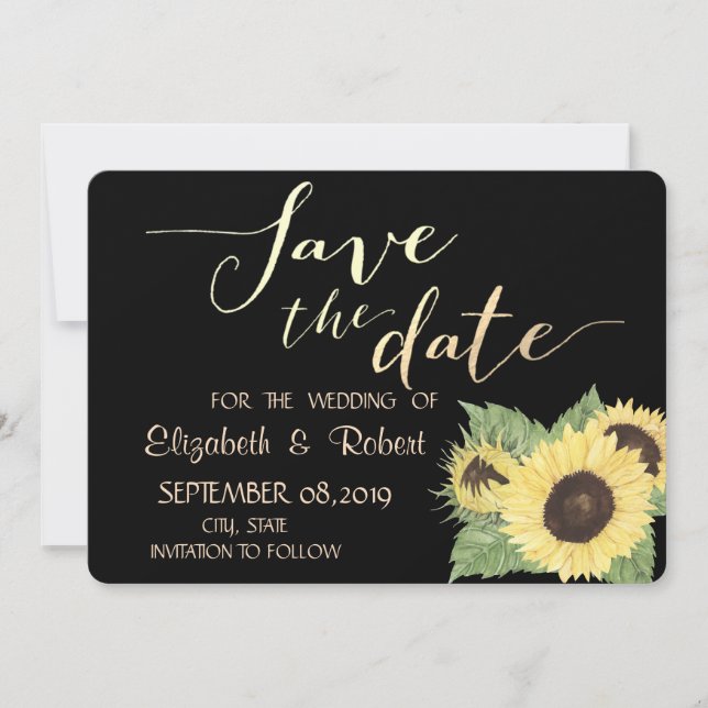 Rustikales Chic Black, Sonnenblumen Save the Date (Vorderseite)