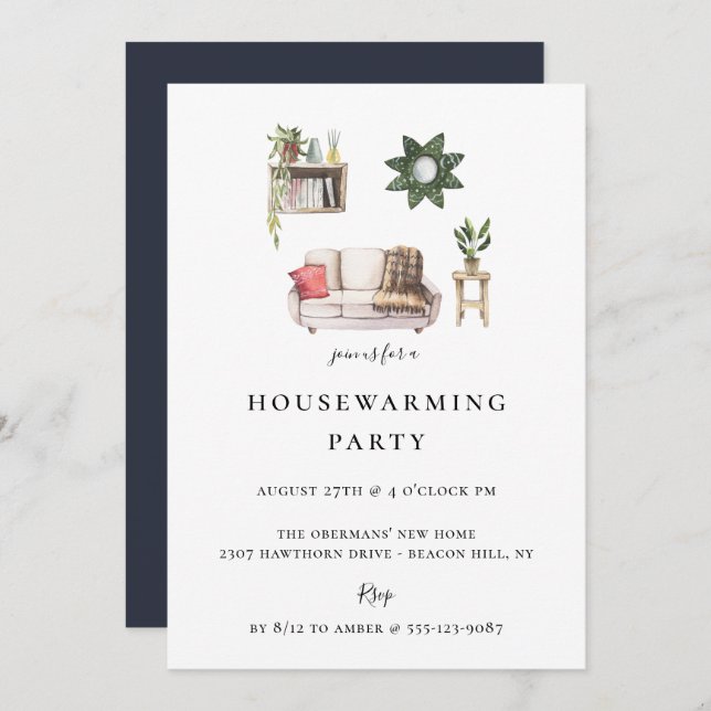 Rustikales Chic Illustriert Housewarming Party Einladung (Vorne/Hinten)