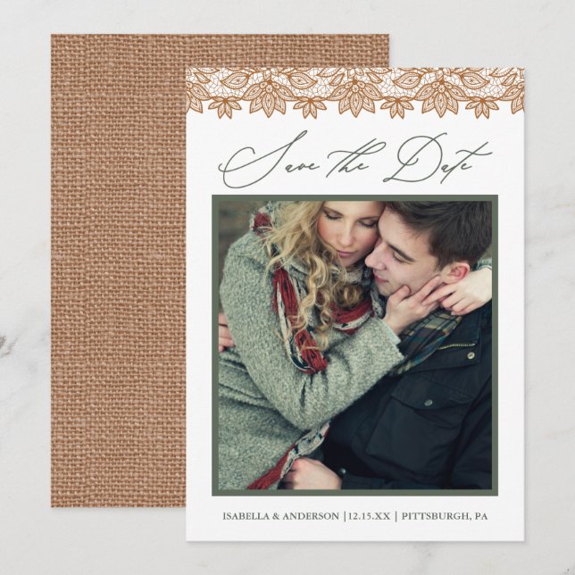 Rustikales Chic Sage und Burlap-Foto Save the Date (Vorne/Hinten)