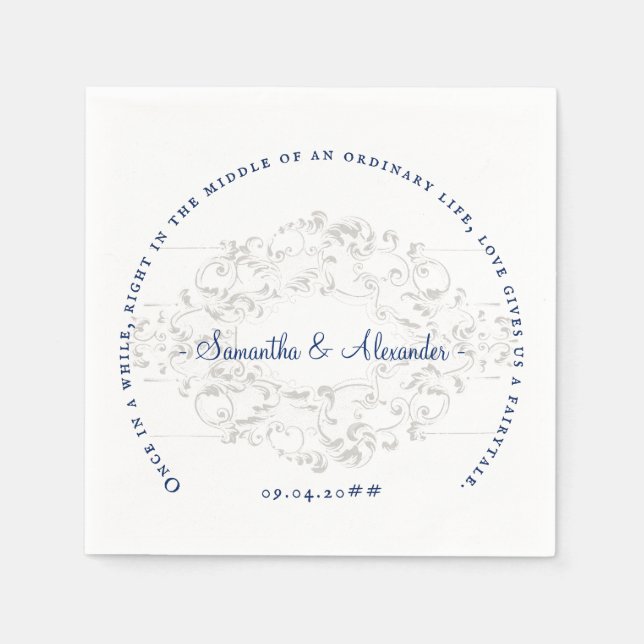 Rustikales Chic Wappen Ivory Royal Blue Gothic Wed Serviette (Vorderseite)