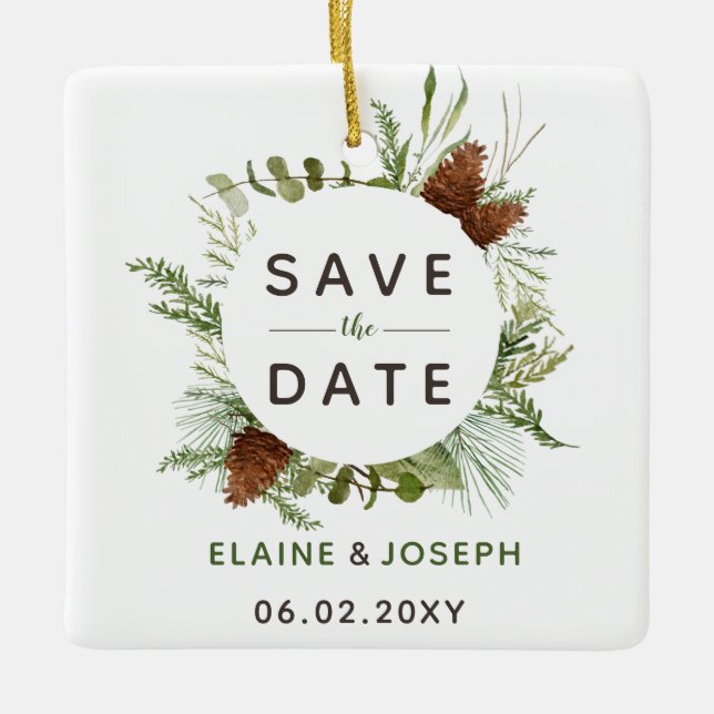 Rustikales Conifer Pine Cone Save the Date Foto Keramikornament (Vorderseite)
