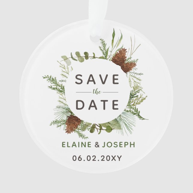 Rustikales Conifer Pine Cone Save the Date Foto Ornament (Vorderseite)