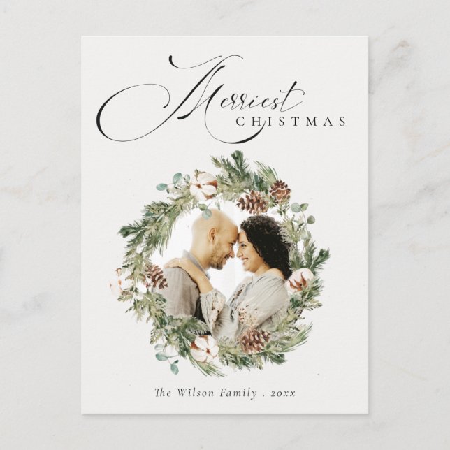 Rustikales Cotton Pine Cone Weihnachtskranz Foto Postkarte (Vorderseite)