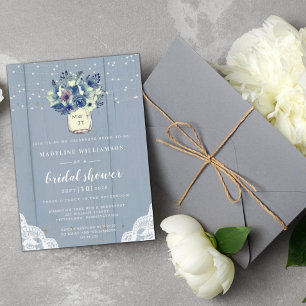 Rustikales Country Blue Mason Jar Wood Brautparty Einladung