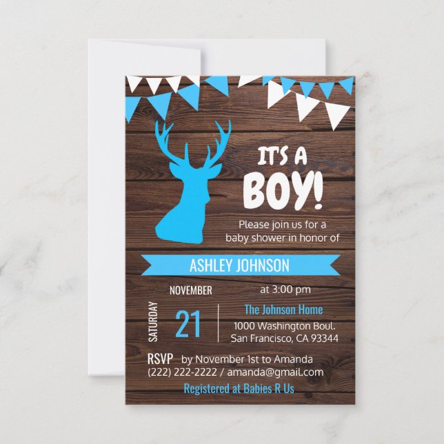 Rustikales Country Buck Deer BOY Baby Dusche lädt  Einladung (Vorderseite)