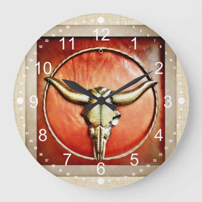 Rustikales Country Bull Horns Imitate Lederdesign Große Wanduhr (Vorderseite)