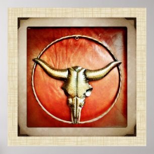 Rustikales Country Bull Horns Imitate Lederdesign Poster