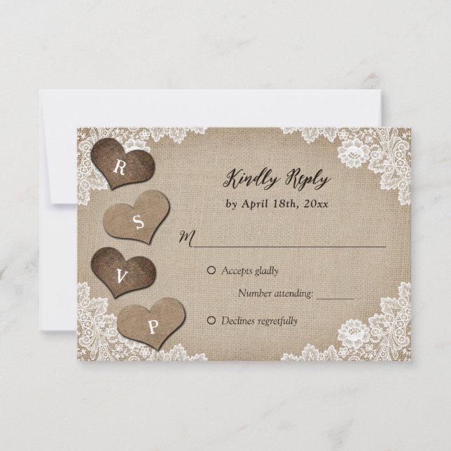 Rustikales Country Burlap and Lace Wedding RSVP Karte (Vorderseite)