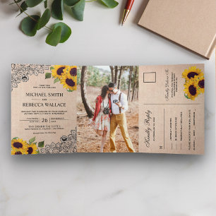 Rustikales Country Burlap Lace Sunflower Wedding F Dreifach Gefaltete Einladung