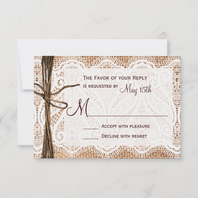 Rustikales Country Burlap Lace Twine Wedding RSVP (Vorderseite)