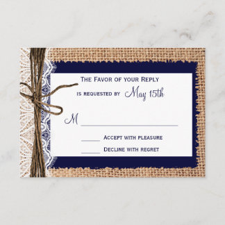 Rustikales Country Burlap Lace Twine Wedding RSVP Karte