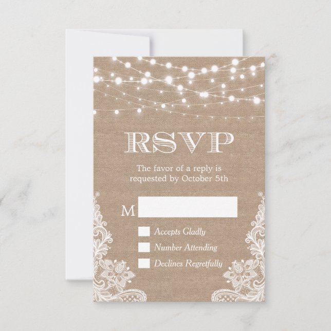Rustikales Country Burlap Lace UAWG RSVP Karte (Vorderseite)