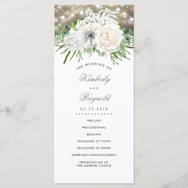Rustikales Country Chic White Blume Hochzeitsprogr Programm (Vorderseite)