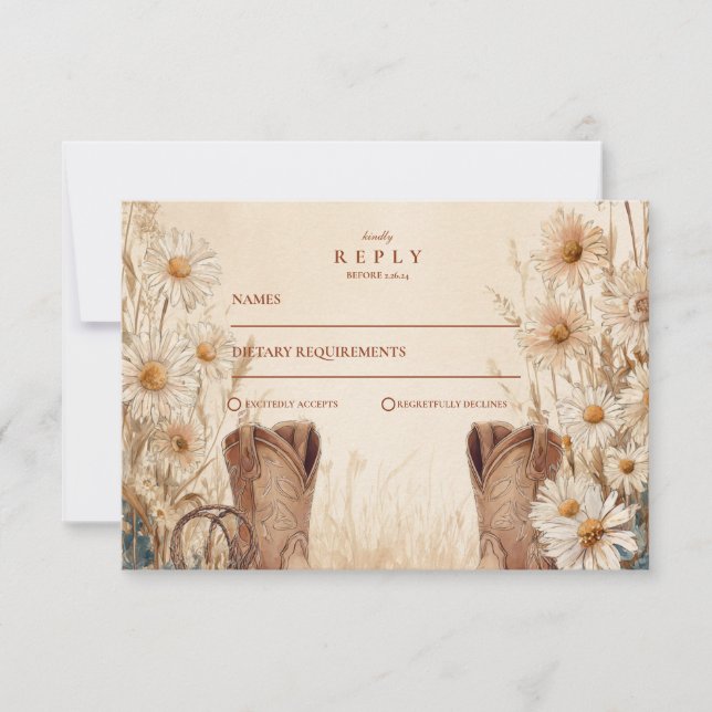 Rustikales Country Daisy Boots Wedding RSVP Karte (Vorderseite)