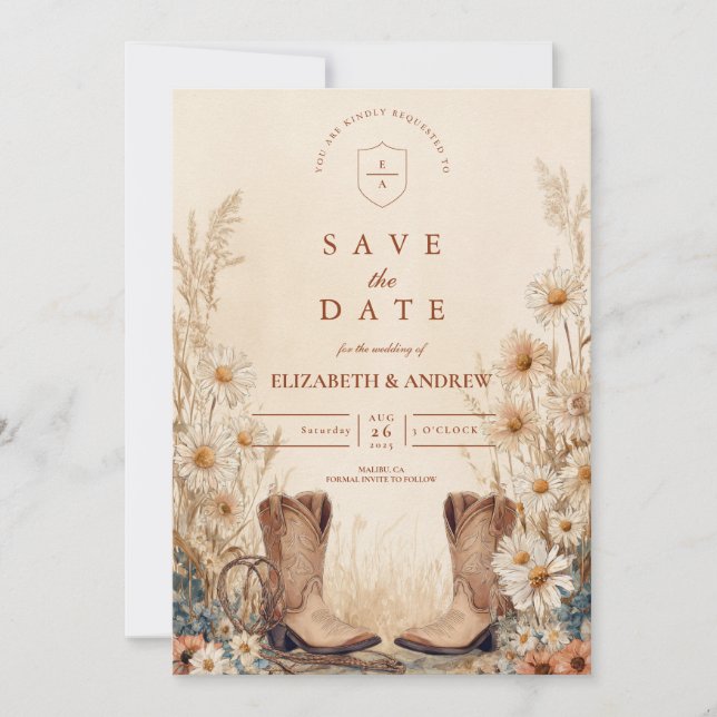 Rustikales Country Daisy Boots Wedding Save The Date (Vorderseite)
