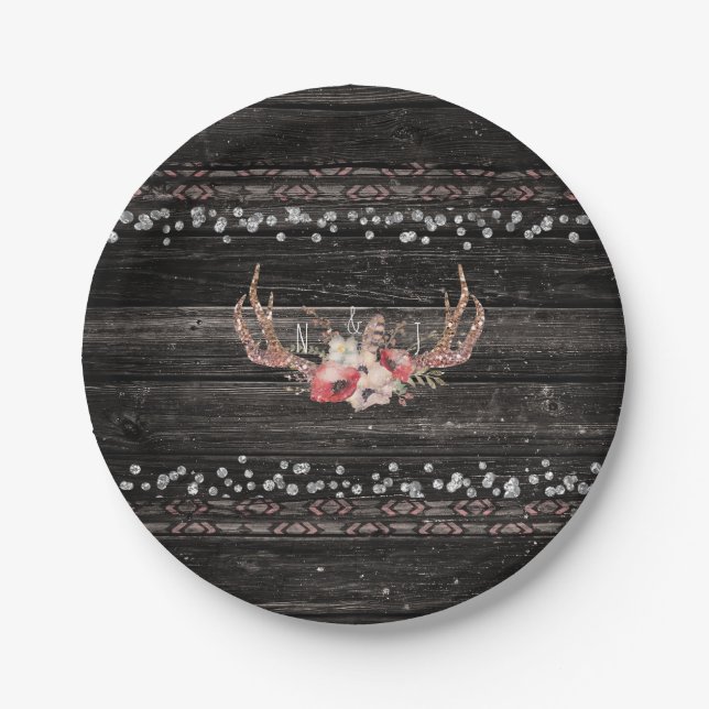 Rustikales Country Glam Blume & Antlers Boho Chic Pappteller (Vorderseite)