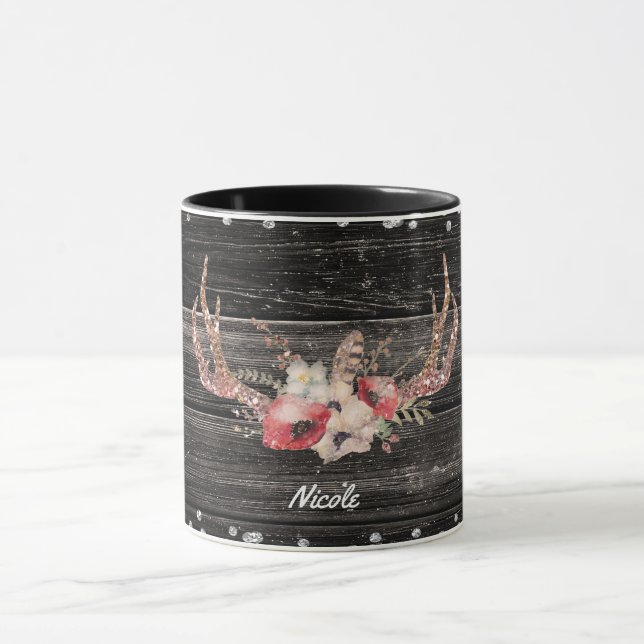 Rustikales Country Glam Blume & Antlers Chic Boho Tasse (Zentrum)