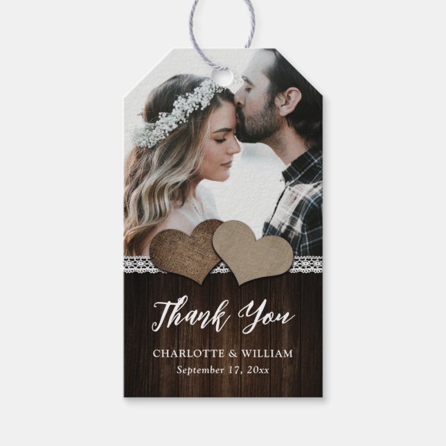 Rustikales Country Hearts Wood Lace Foto Hochzeit Geschenkanhänger (Vorderseite)