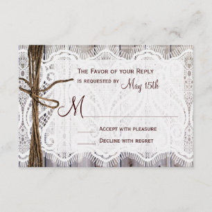 Rustikales Country Lace Twine Wood Wedding RSVP Karte