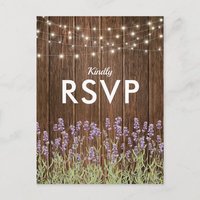 Rustikales Country Lavender Lights Wedding RSVP Einladungspostkarte (Vorderseite)