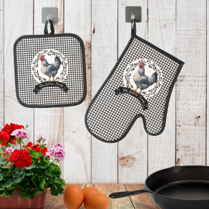 Rustikales Country Rooster Chicken BW Gingham Karo Ofenhandschuh & Topflappen-Set