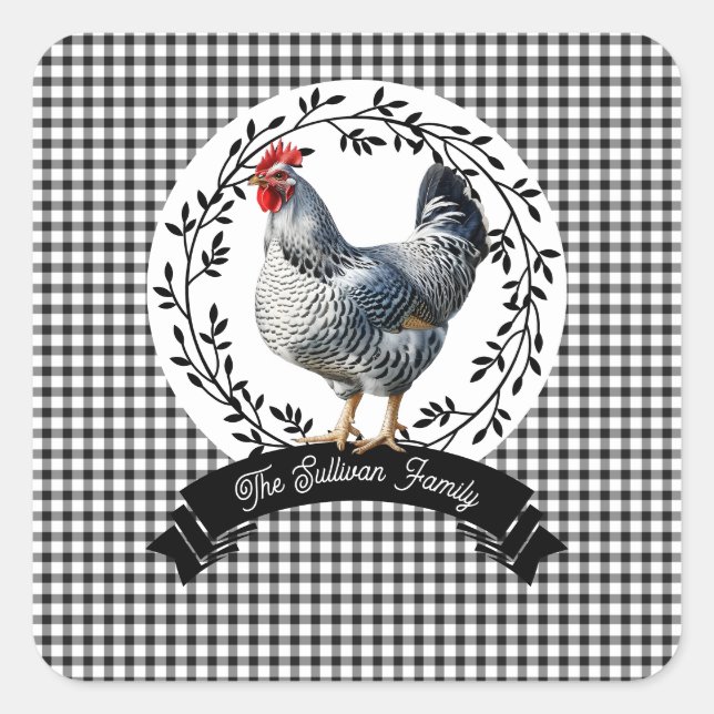 Rustikales Country Rooster Chicken BW Gingham Karo Quadratischer Aufkleber (Vorderseite)