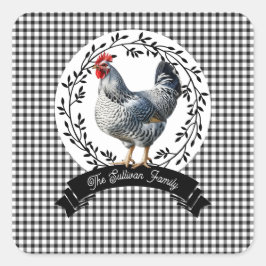 Rustikales Country Rooster Chicken BW Gingham Karo Quadratischer Aufkleber