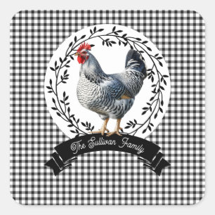 Rustikales Country Rooster Chicken BW Gingham Karo Quadratischer Aufkleber