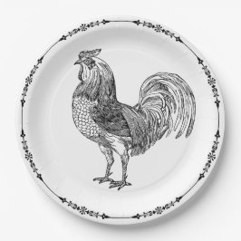 Rustikales Country Rooster Schwarz-Weiß Pappteller