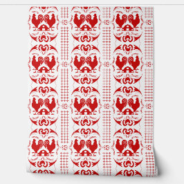Rustikales Country Rooster und Barcode Muster Red Tapete