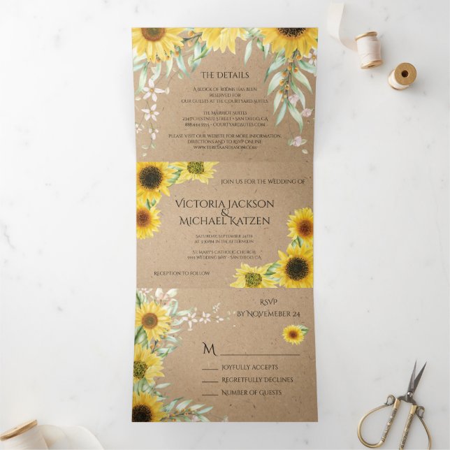 Rustikales Country Sunflower Wedding Kraft Papier Dreifach Gefaltete Einladung (Innenseite)