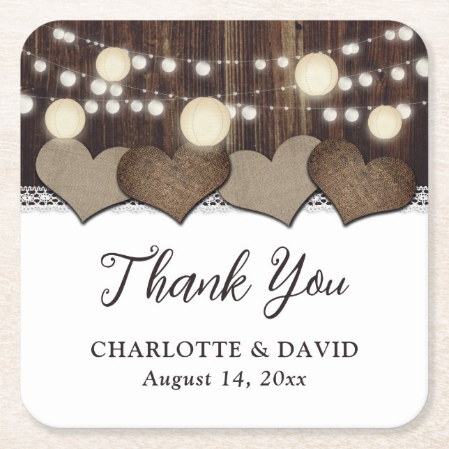 Rustikales Country Wood Burlap Lace Lantern Weddin Rechteckiger Pappuntersetzer (Vorderseite)