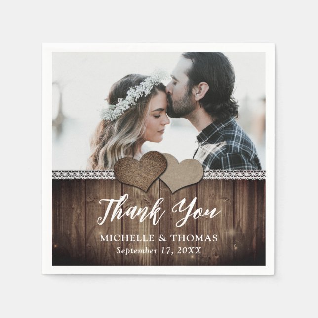 Rustikales Country Wood Burlap Lace Wedding Foto Serviette (Vorderseite)