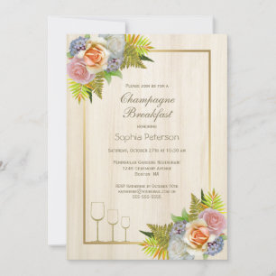 Rustikales Country Wood Floral Champagne Frühstück Einladung