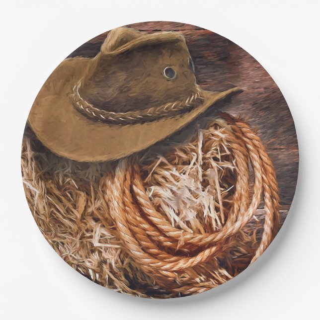Rustikales Cowboy Hat Rope Hay Foto Pappteller (Vorderseite)