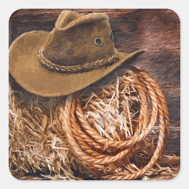 Rustikales Cowboy Hat Rope Hay Foto Quadratischer Aufkleber (Vorderseite)
