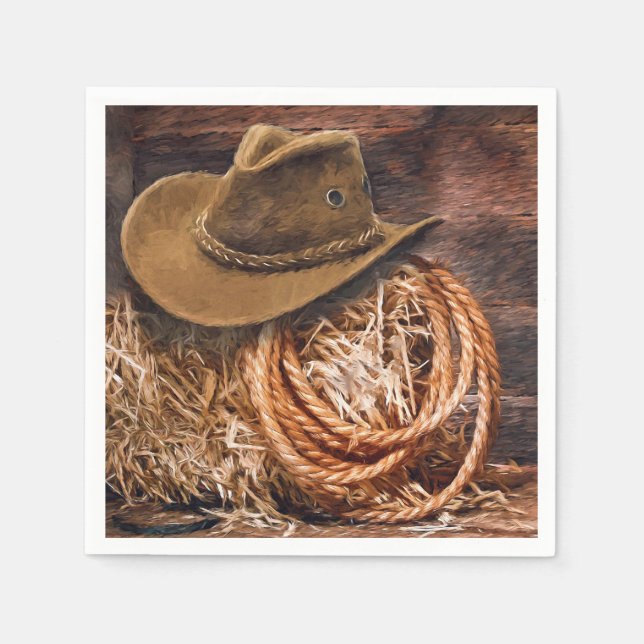 Rustikales Cowboy Hat Rope Hay Foto Serviette (Vorderseite)