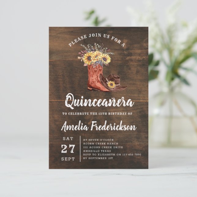 Rustikales Cowgirl Boots Quinceanera Einladung (Stehend Vorderseite)