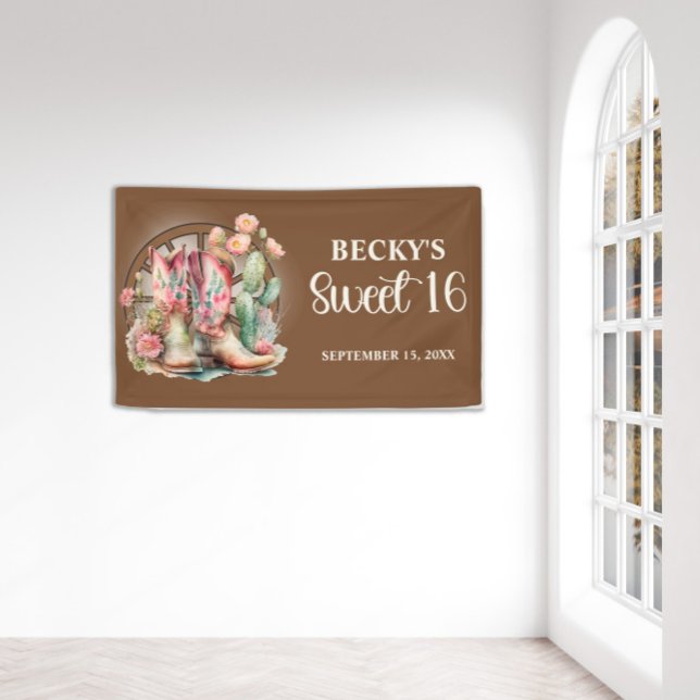 Rustikales Cowgirl Stiefel Pink Roses Sweet 16 Banner (Von Creator hochgeladen)