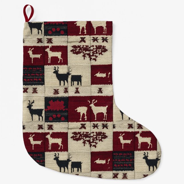 Rustikales Cross-Stitch Patchwork | Folk Holiday M Großer Weihnachtsstrumpf (Vorderseite)