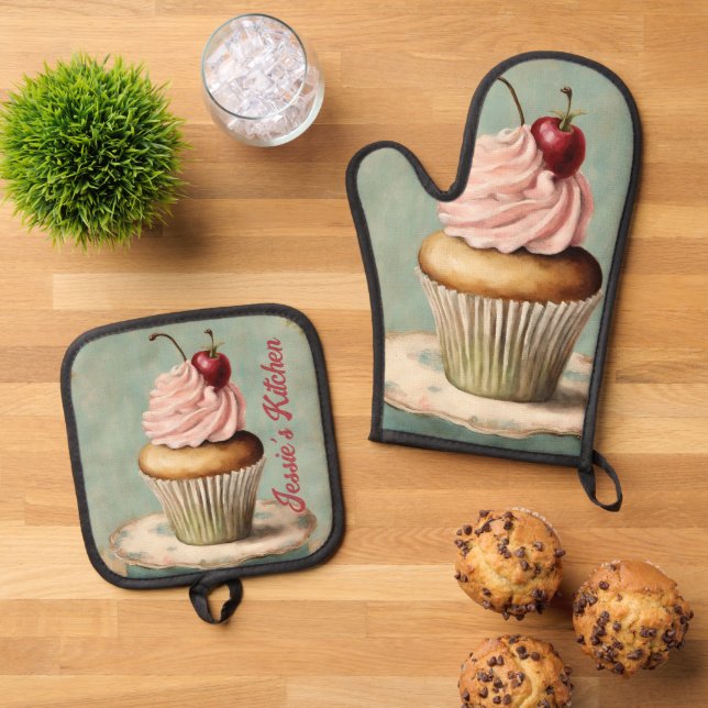 Rustikales Cupcake Baker Koch Backen Ofenhandschuh & Topflappen-Set (Oben Unten)