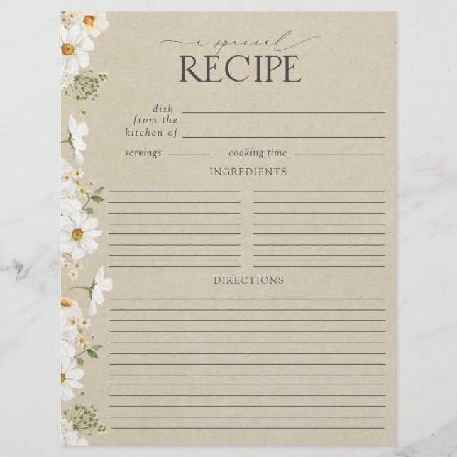 Rustikales Daisy Brautparty Recipe Binder Page (Vorderseite)