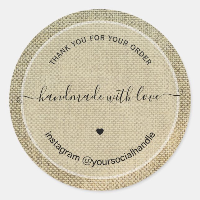 Rustikales Danke handgemacht mit Liebe beiger Lein Runder Aufkleber (Vorderseite)