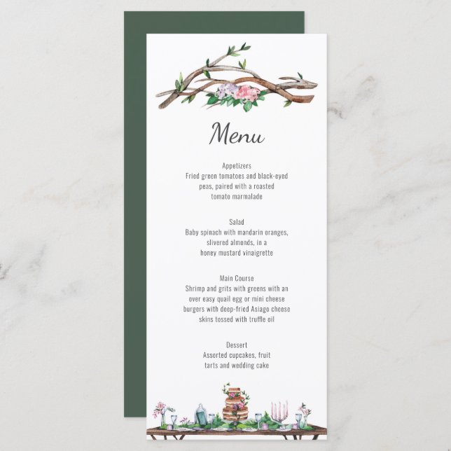 Rustikales Delgance Woodland Wedding Menu Menükarte (Vorne/Hinten)