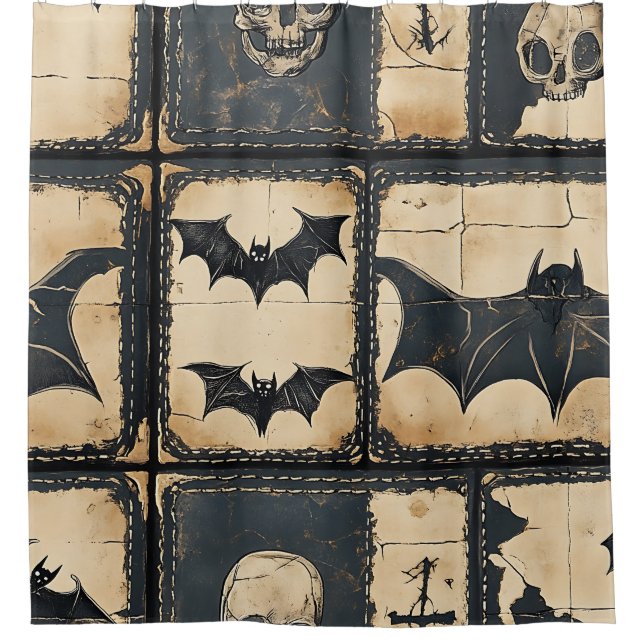 Rustikales Denim Halloween Patchwork-Muster Duschvorhang (Vorderseite)
